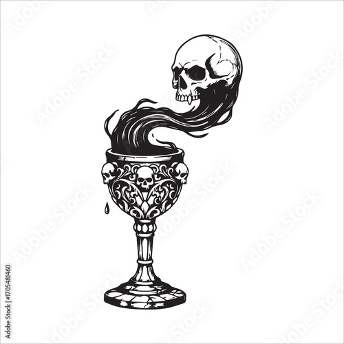 Vector art of skull emerging from goblet in black and white