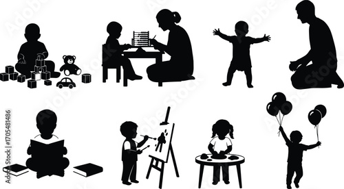 Early childhood icons, learning and play silhouettes, reading, painting, balloons, abacus, building blocks, toddler, creativity, education concept, kids activity vector