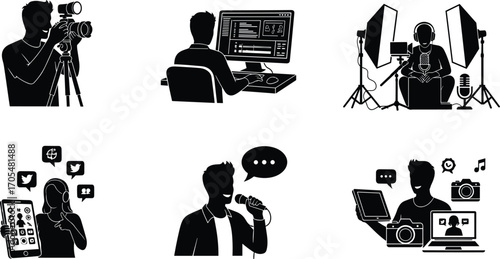 Digital media icons, content creation silhouettes, video production, photo editing, podcast recording, social media, singing, influencer vector, multimedia design, creative work