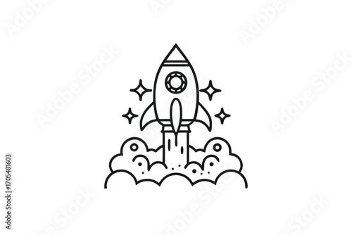 Black outline rocket takes off amidst clouds and stars 
