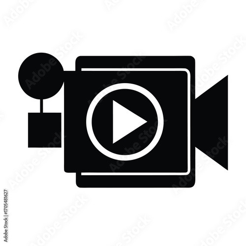  Flat vector silhouette of a video camera with a central play button symbol
