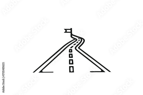 Black outline of winding road with flag reaching distant destination goal on white