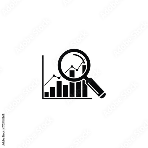 Data analysis with magnifying glass vector icon symbol, business graph, and chart for market research