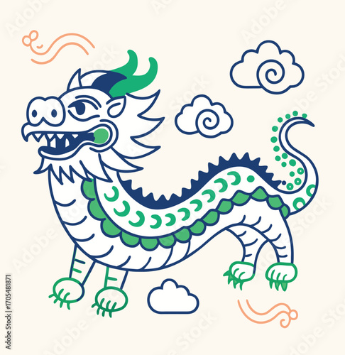 A cute green baby dragon vector illustration with a friendly cartoon character design