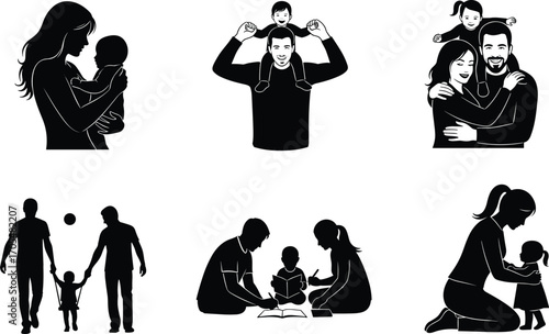 Family bonding icons, parenting silhouettes, mother and baby, father and child, parents walking, reading together, nurturing care, love, parenting concept