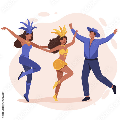 Three dancers in colorful costumes performing lively choreography  