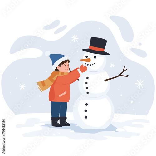 Child playing and decorating snowman in winter landscape  