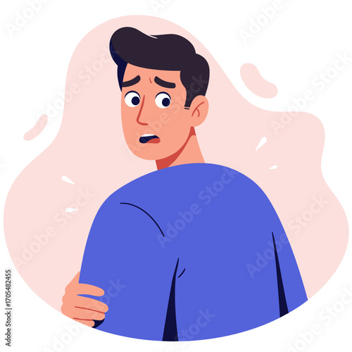 Young man looking back with concern on abstract background  