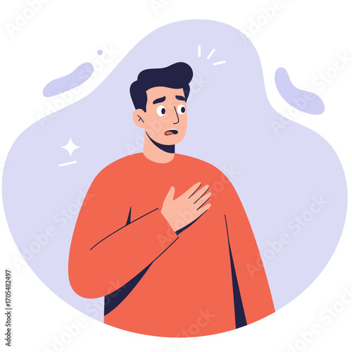 Young man expressing surprise with hand on chest in abstract background  