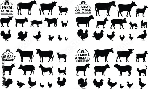 Vector Farm Animals Silhouettes Isolated on White