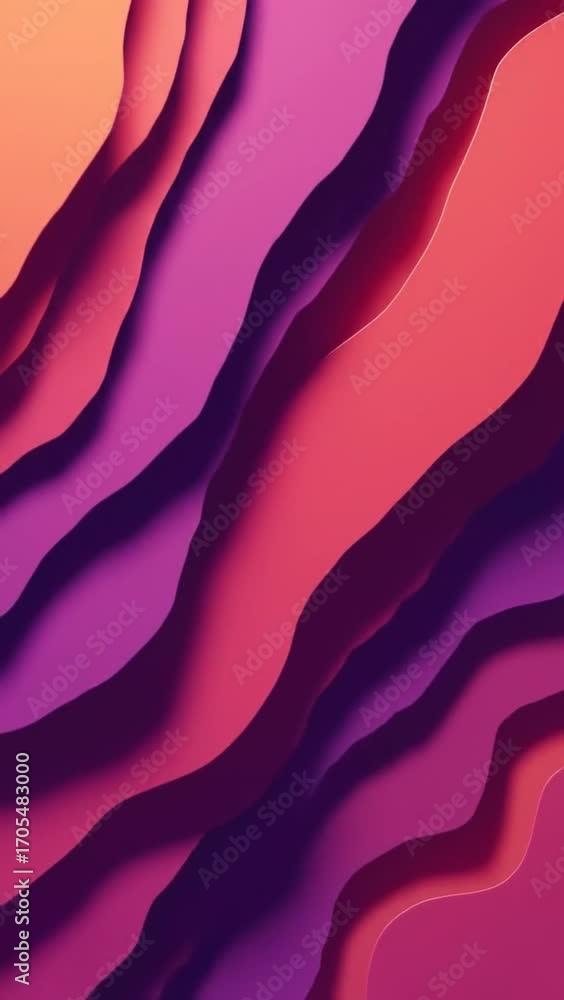 Dynamic waves cascade in shades of coral, pink, and violet. Layers interweave, creating a textured and gradiented abstract design