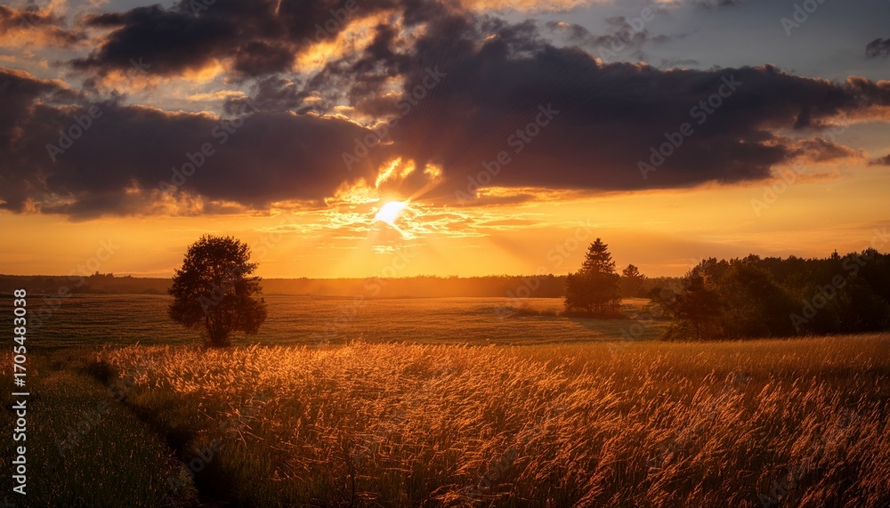 Fototapeta premium Golden Sunset Breaks Through Clouds Over A Tranquil Landscape Casting Warm Hues And Creating A Serene Atmosphere During Dusk