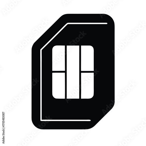 Minimal vector silhouette of a SIM card chip in a slightly rotated angle, clean black shape.
