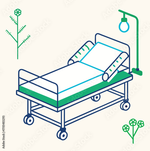 Medical bed and furniture illustration in a hospital room