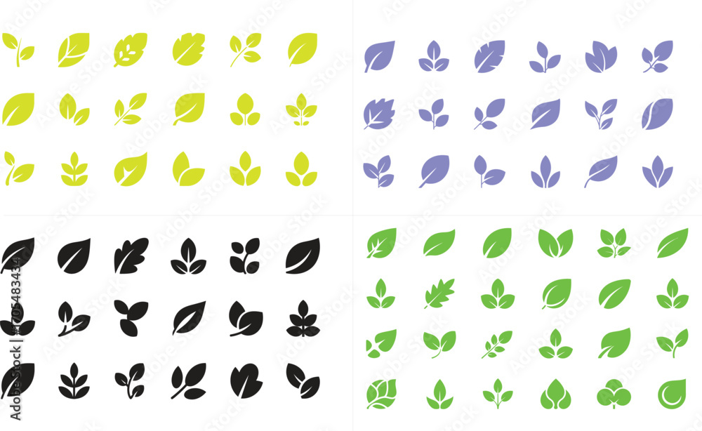 Fototapeta premium Set of green leaf icons. Leaves of trees and plants. Leaves icon. Collection green leaf. Elements design for natural, eco, bio, vegan labels. Vector