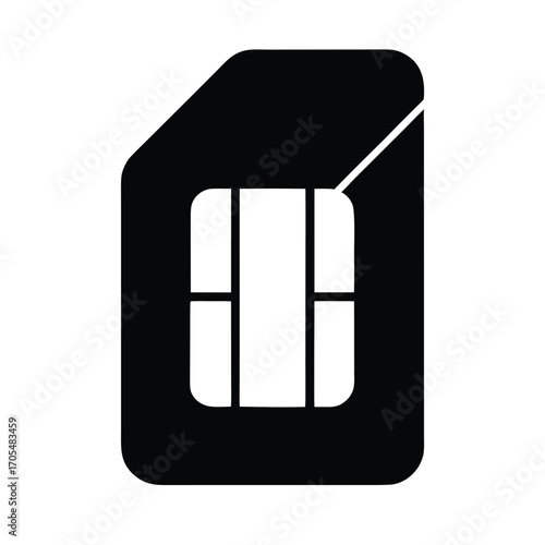 Minimal vector silhouette of a SIM card chip in a slightly rotated angle, clean black shape.