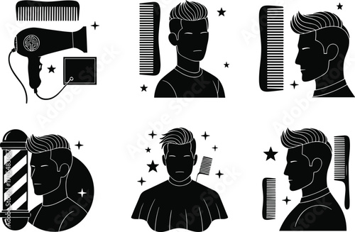 Hairdressing icons, barber shop silhouettes, haircut vector, hairstyling tools, comb and hairdryer, grooming design, barber pole, salon equipment, beauty care, hair treatment