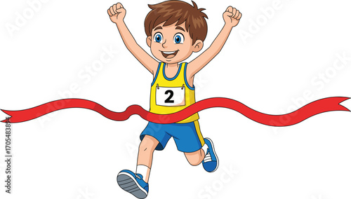 Cartoon boy crossing red finish line with raised arms, smiling face, sports victory vector illustration for race achievement and celebration