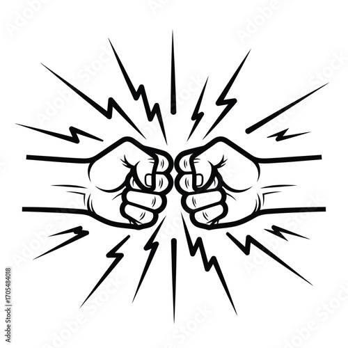 Two Fists Clashing With Bursting Lightning Bolts On White Background Keywords: fist bump, clash, conflict, confrontation, power, strength, aggression, fight, battle