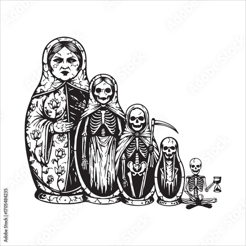 Vector art of matryoshka dolls with skeletons in black and white