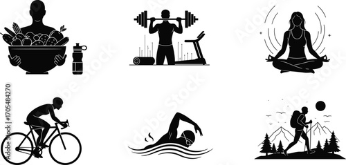 Healthy lifestyle icons, nutrition design, fitness activity silhouettes, gym workout, mindfulness meditation, cycling, swimming, hiking, wellness concept, outdoor adventure, physical health