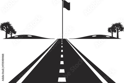 Black road leads into the distance passing two hills with trees and a flag