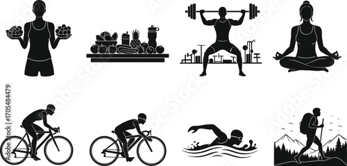 Healthy lifestyle icons, fitness activity silhouettes, exercise vector, nutrition design, yoga meditation, cycling, swimming, hiking, 