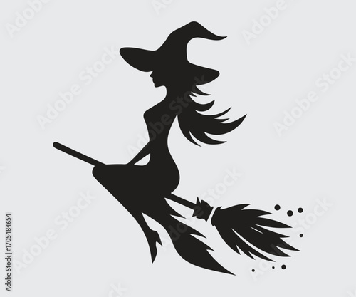 Halloween scary. female witch in broom. silhouette
