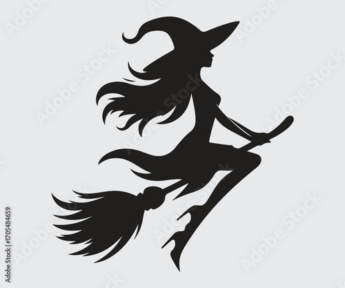 Halloween scary. female witch in broom. silhouette