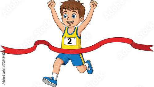 Cartoon boy crossing red finish line with raised arms, smiling race winner in athletic outfit, sports success vector illustration design