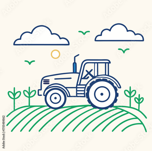 An old red farming tractor machinery on a green agricultural field with a farmer