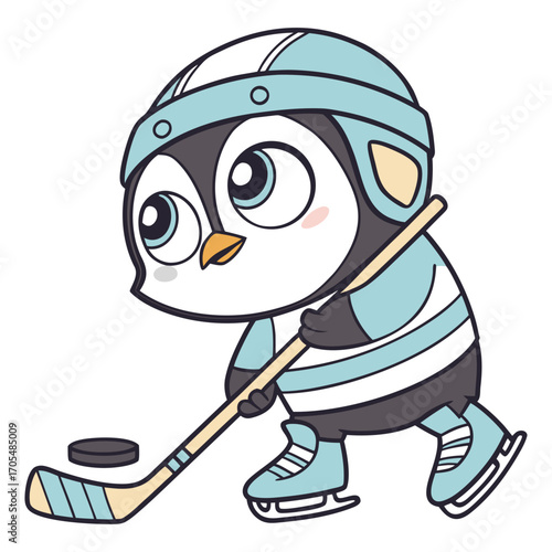 Adorable Cartoon Penguin Playing Ice Hockey Vector Illustration 