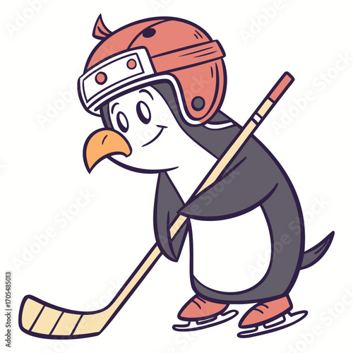 Adorable Cartoon Penguin Playing Ice Hockey Vector Illustration 