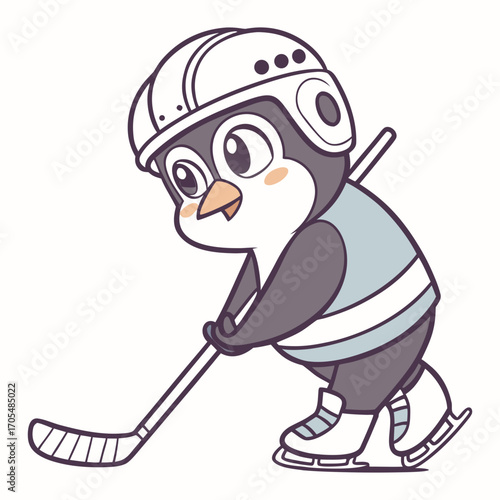 Adorable Cartoon Penguin Playing Ice Hockey Vector Illustration 
