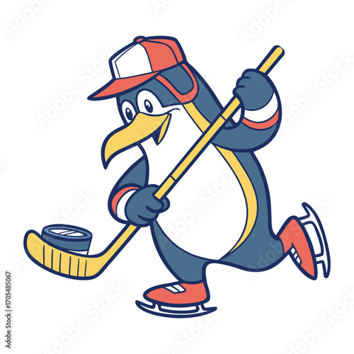 Adorable Cartoon Penguin Playing Ice Hockey Vector Illustration 