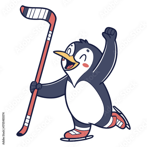 Adorable Cartoon Penguin Playing Ice Hockey Vector Illustration 