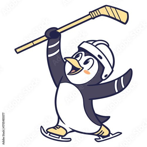 Adorable Cartoon Penguin Playing Ice Hockey Vector Illustration 