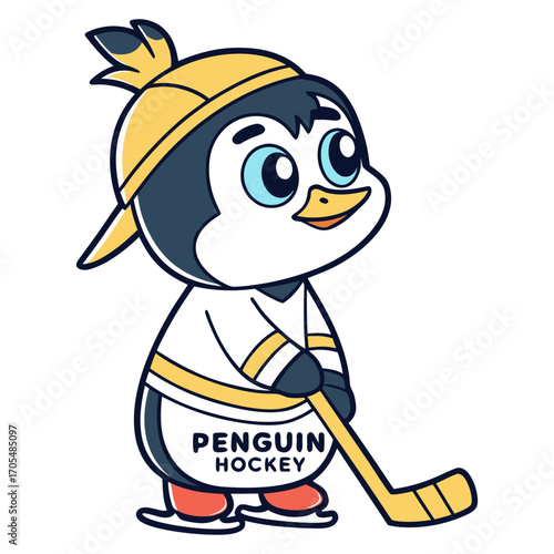 Adorable Cartoon Penguin Playing Ice Hockey Vector Illustration 