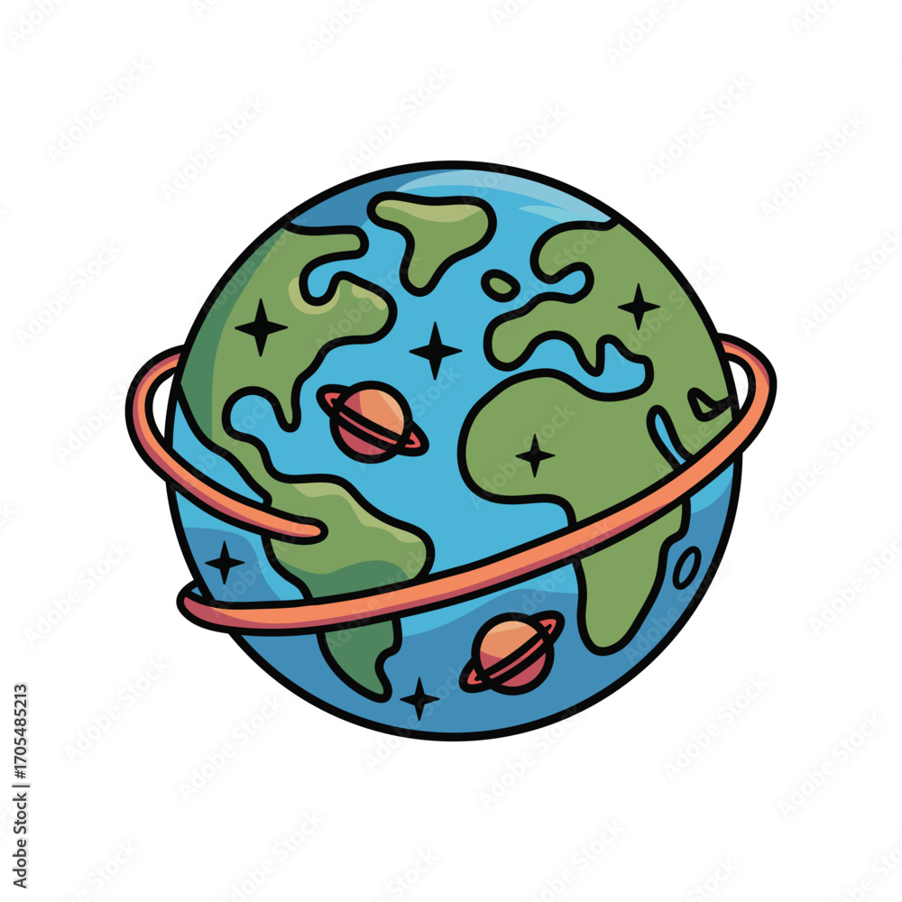 Fototapeta premium Cartoon vector illustration of planet earth with a ring and two small planets orbiting it