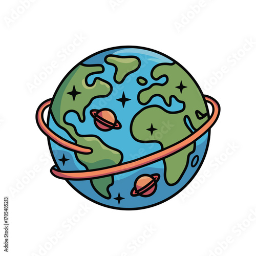 Cartoon vector illustration of planet earth with a ring and two small planets orbiting it