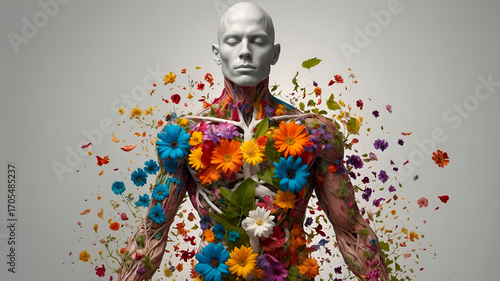 Floral male human figure made of vibrant flowers and leaves on a neutral background, symbolizing life, nature, health, and artistic botanical anatomy.