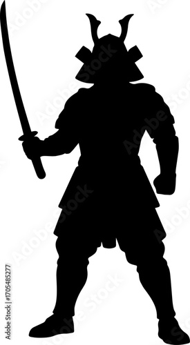 Samurai in armor with katana silhouette.