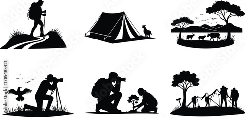 Outdoor activity icons, camping silhouettes, hiking vector, wildlife photography, nature exploration, tree planting, conservation design, adventure travel, eco tourism, wilderness expedition