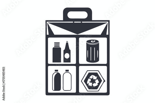 Black silhouette illustrates a bag of recyclable material icons plainly