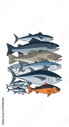 Collection of Various Fish Species Illustration.