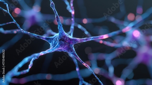 Vibrant blue and purple neuron transmitting signals through a neural network with glowing synapses.
