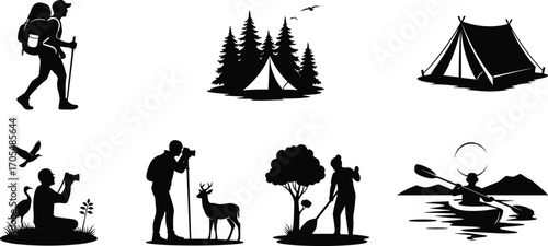 Outdoor activity icons, hiking, camping, tent, wildlife photography, nature cleanup, kayaking, adventure concept, eco tourism, conservation vector, recreation design
