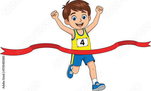 Cartoon boy crossing red finish ribbon with raised arms, smiling race winner in athletic outfit, sports success celebration vector illustration design