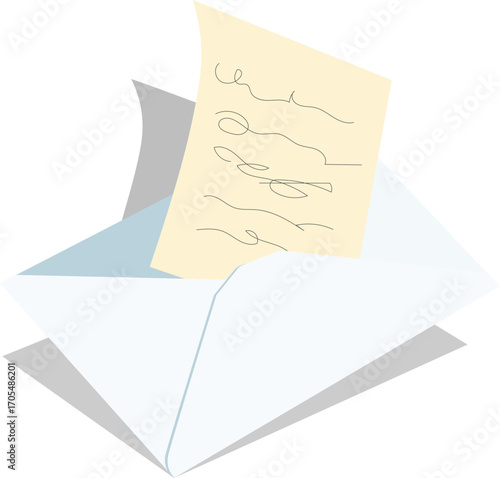 Hand drawn letter with envelope illustration, stationery concept on white background, postal correspondence and communication design.