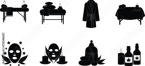 Spa icons, wellness silhouettes, massage table, hot stone therapy, bathrobe, facial mask, aromatherapy, essential oils, relaxation design, beauty care, self‑care vector